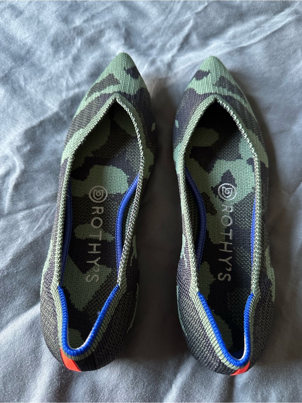 Rothy's Camo Pointed Toe Knit Flats in Green and Black